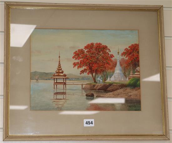 M.T. Hla (U Tun Hla) (1874-1946) View of a Burmese temple 25 x 33cm